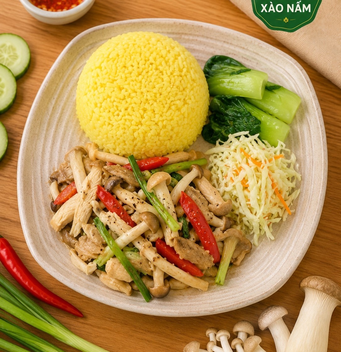 Cơm Gà Xào Nấm - Gà xào nấm Thơm ngon, cơm dẻo, nước sốt đậm đà